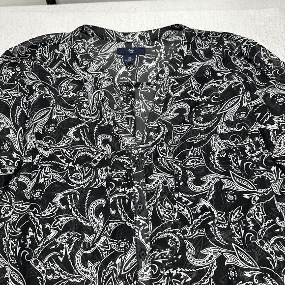 GAP Women's Large Lightweight Sheer Button Up Sheer Blouse Black + White Paisley - Picture 2 of 12